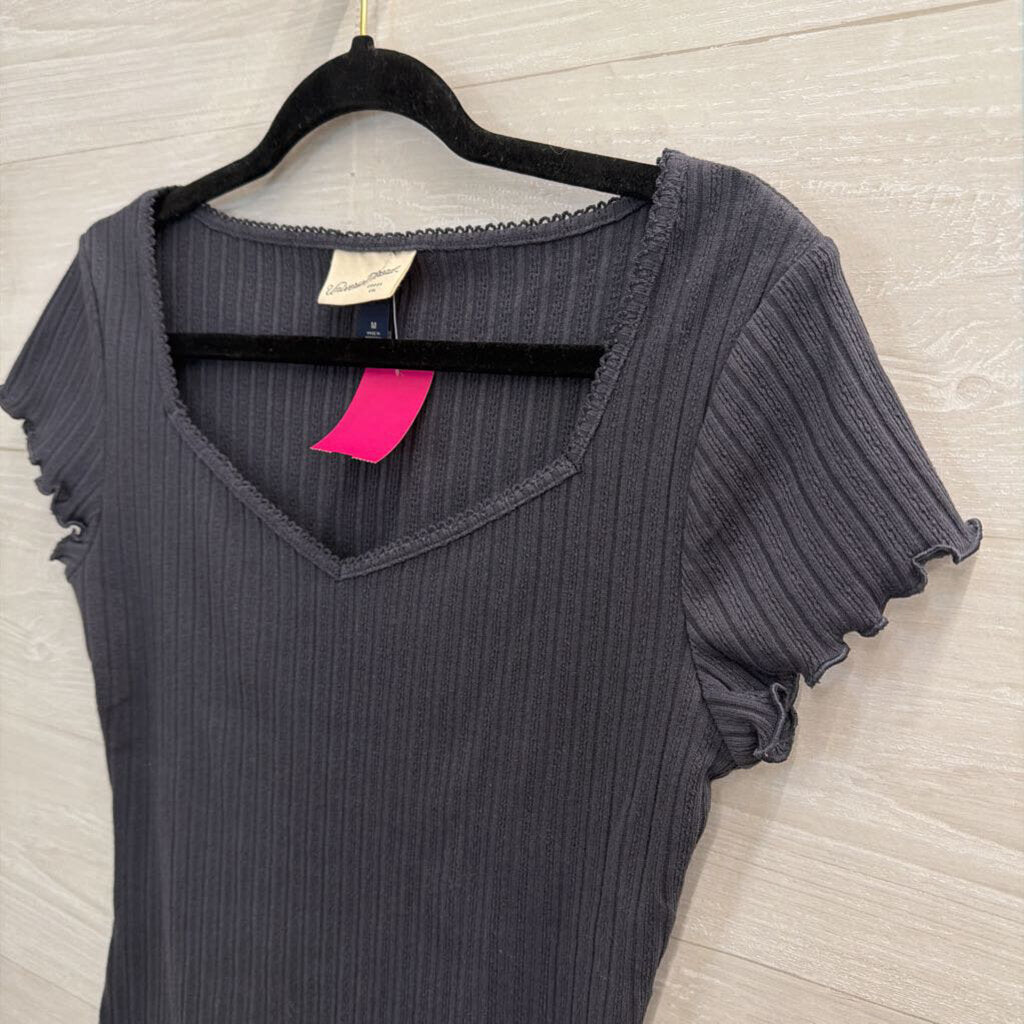 Grey Ribbed Short Sleeve Top Medium