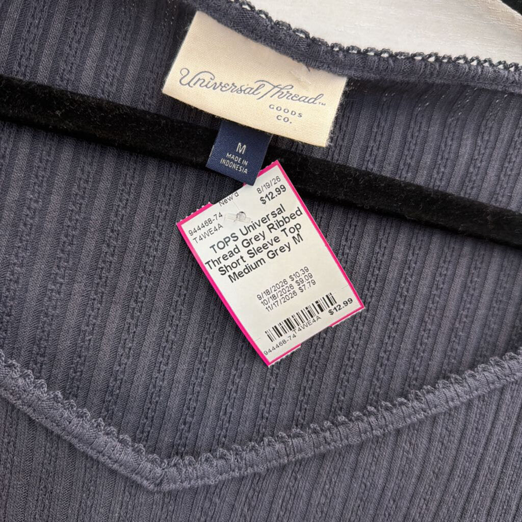 Grey Ribbed Short Sleeve Top Medium