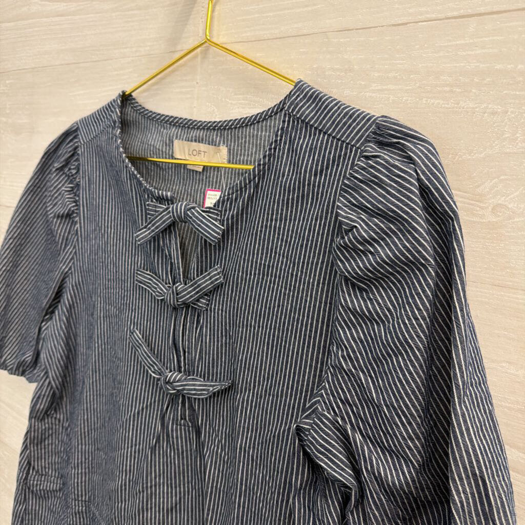 Loft Blue/ White Striped Short Puff Sleeve Tie Front Top Small