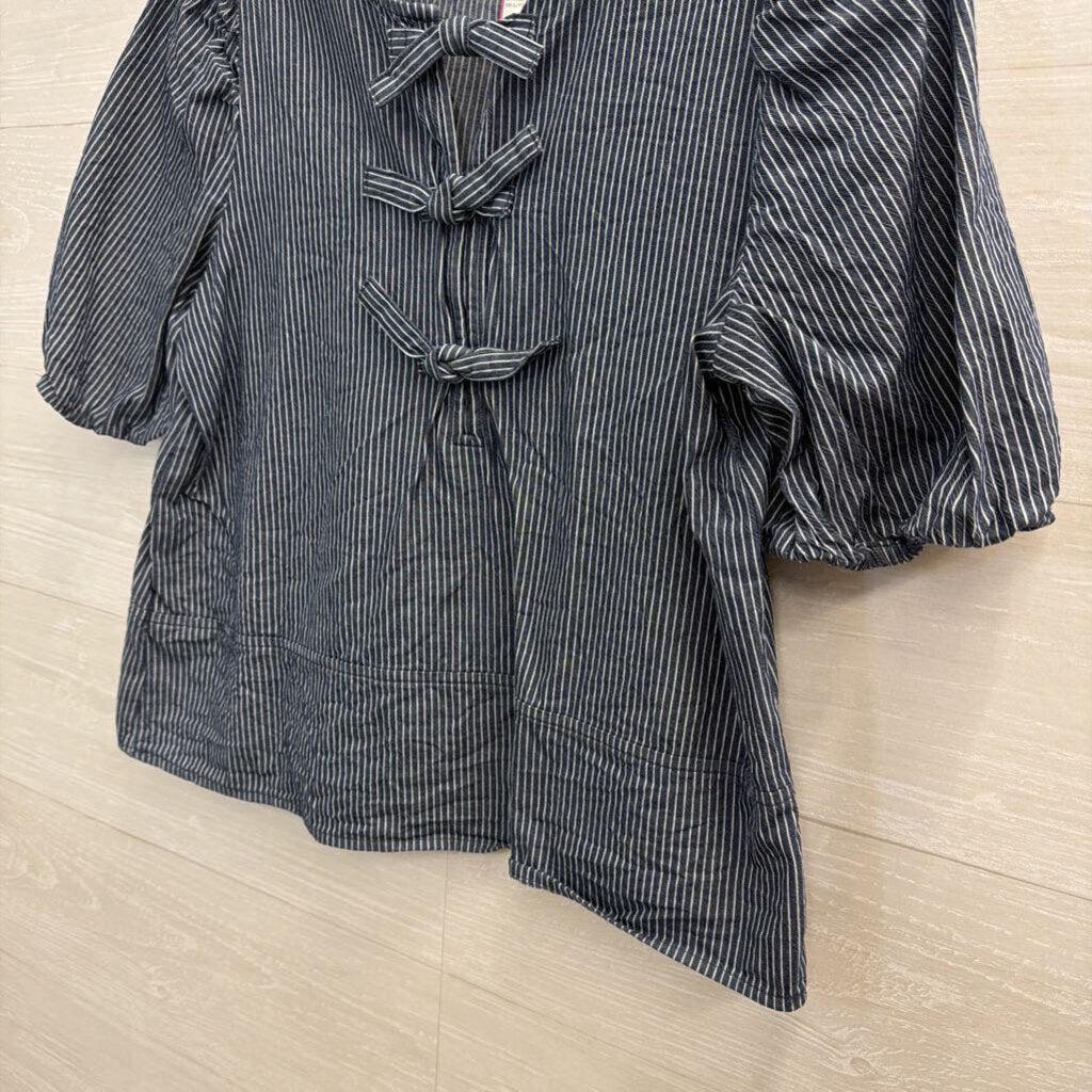 Loft Blue/ White Striped Short Puff Sleeve Tie Front Top Small