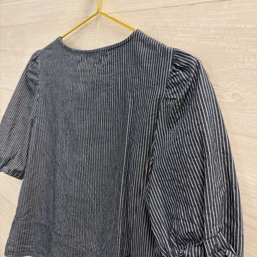 Loft Blue/ White Striped Short Puff Sleeve Tie Front Top Small