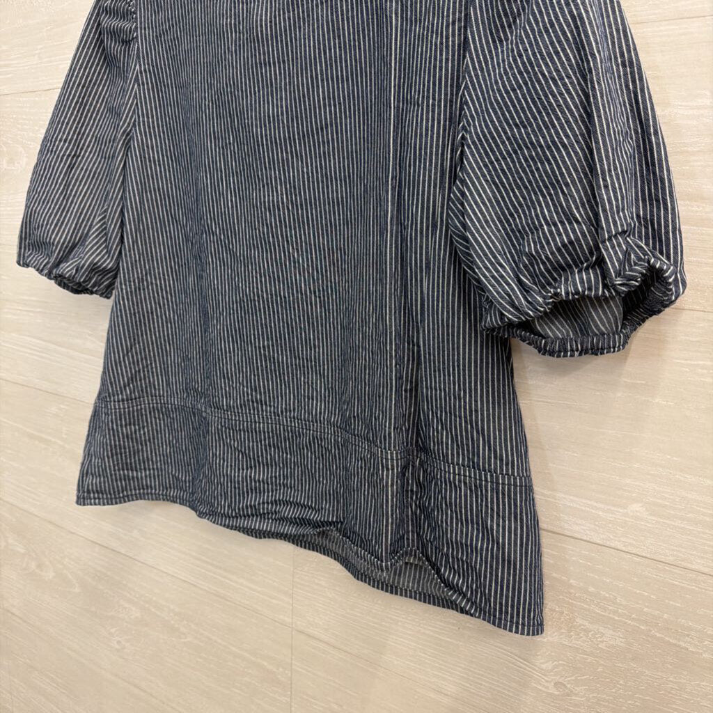 Loft Blue/ White Striped Short Puff Sleeve Tie Front Top Small