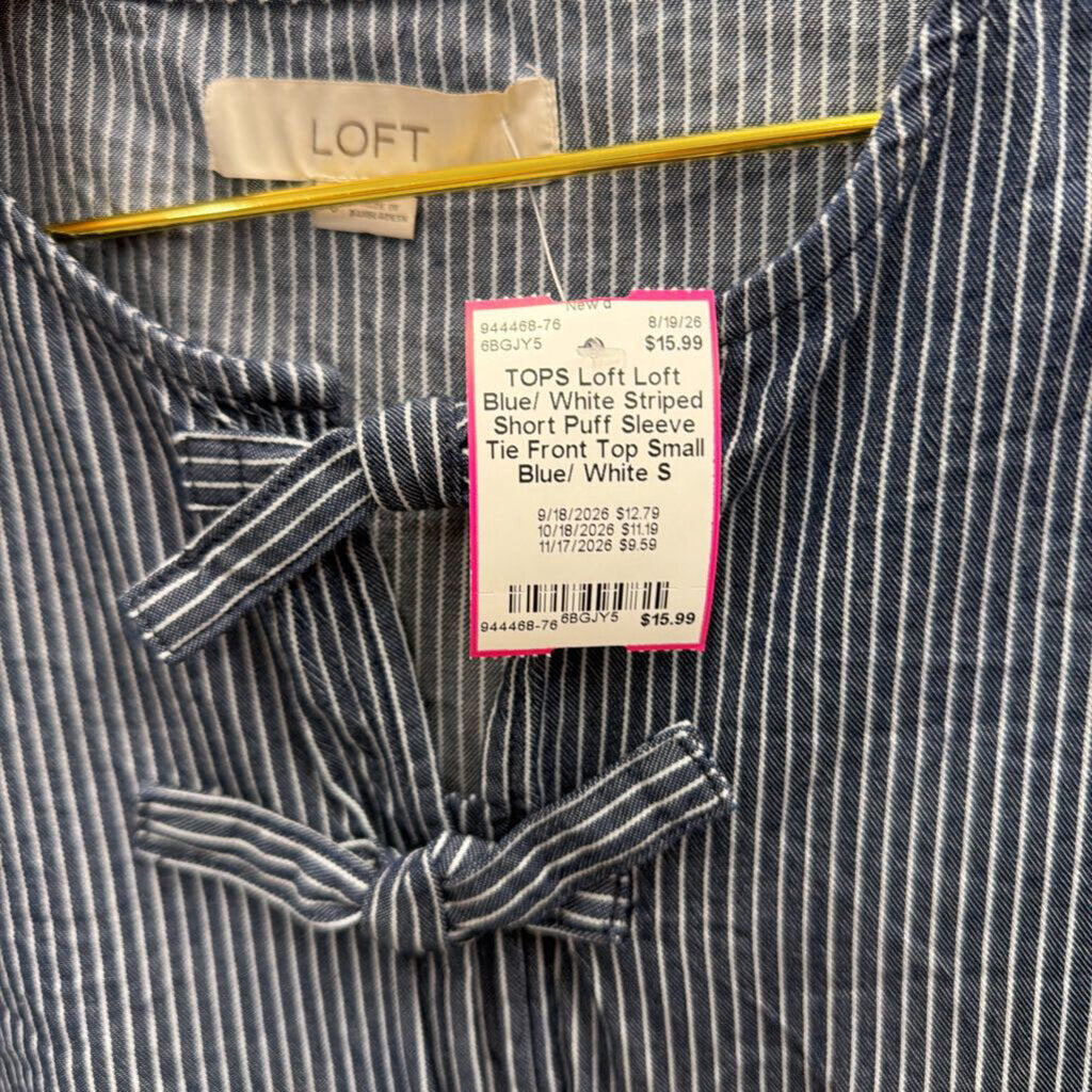 Loft Blue/ White Striped Short Puff Sleeve Tie Front Top Small