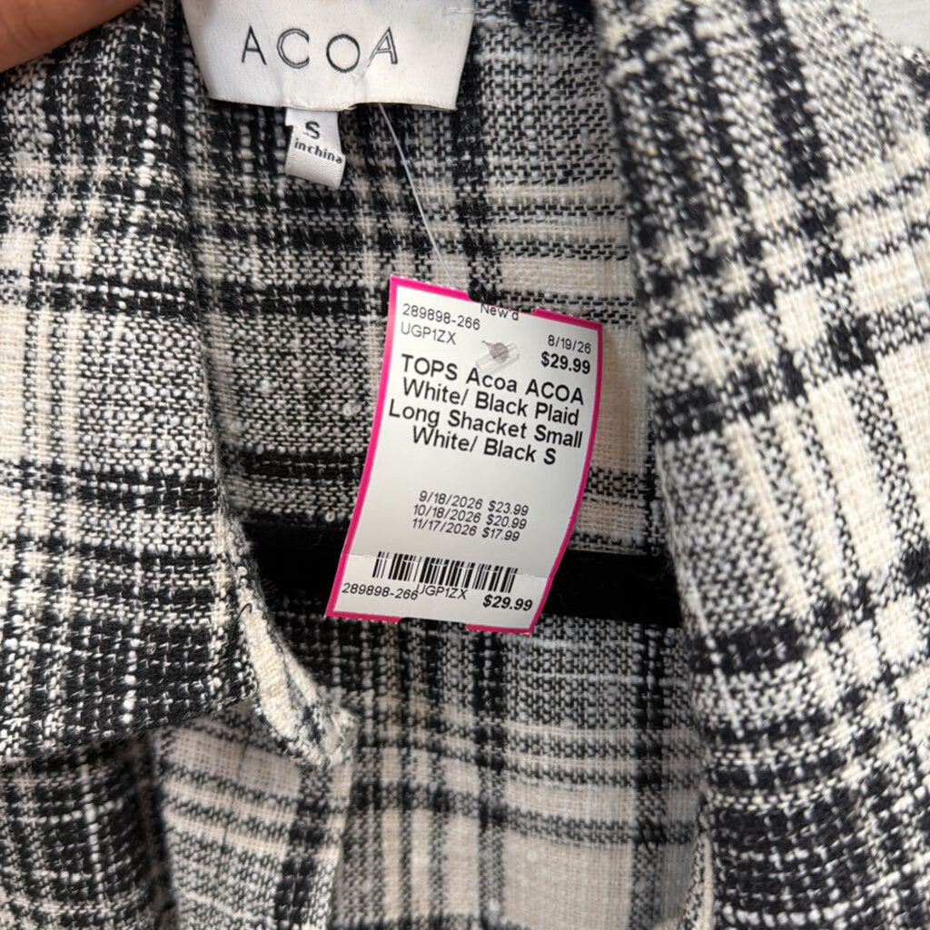 ACOA White/ Black Plaid Long Shacket Small