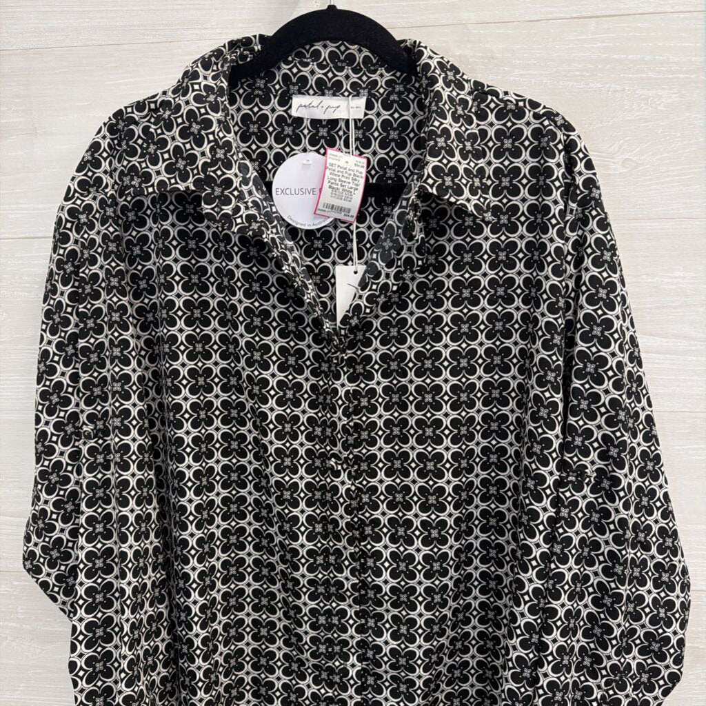 Petal and Pup Black/ White Print Silky Long Sleeve Top/ Pants Set Large