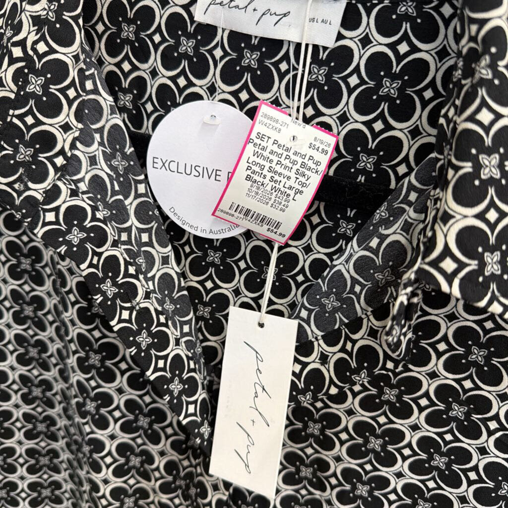 Petal and Pup Black/ White Print Silky Long Sleeve Top/ Pants Set Large