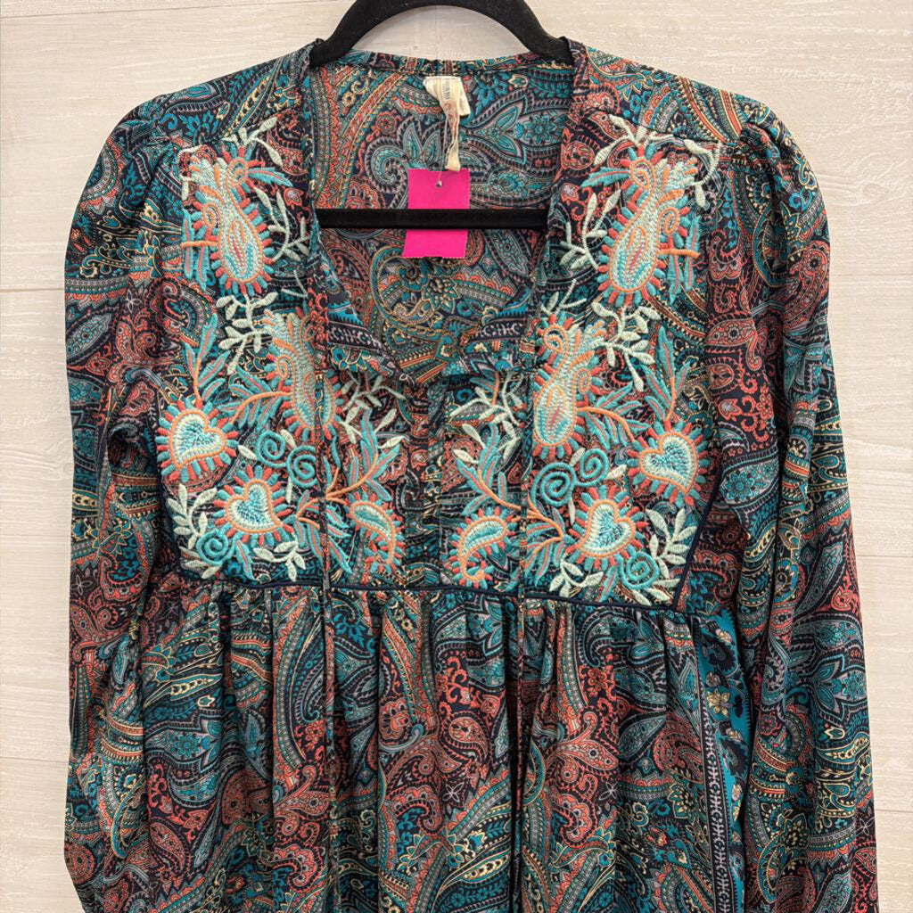 Raga Navy/ Multi Embroidered Print Long Sleeve Top Small