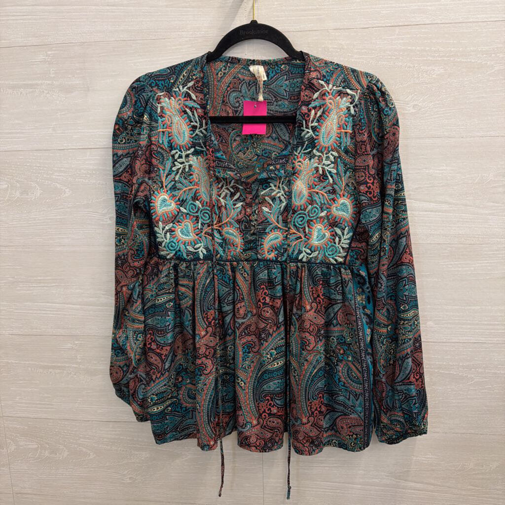 Raga Navy/ Multi Embroidered Print Long Sleeve Top Small