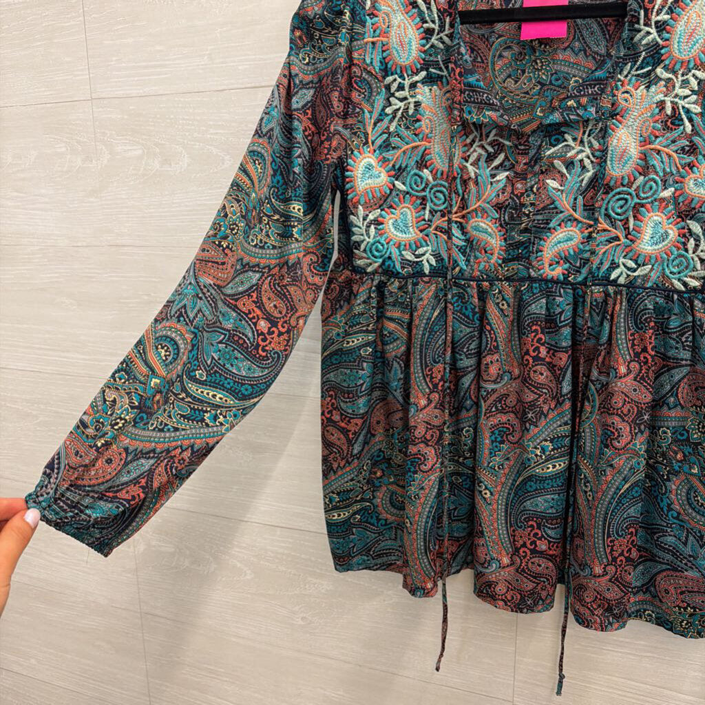 Raga Navy/ Multi Embroidered Print Long Sleeve Top Small