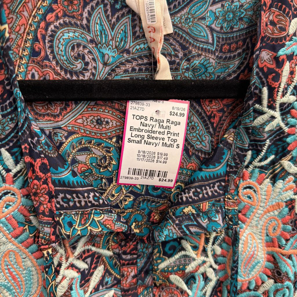 Raga Navy/ Multi Embroidered Print Long Sleeve Top Small