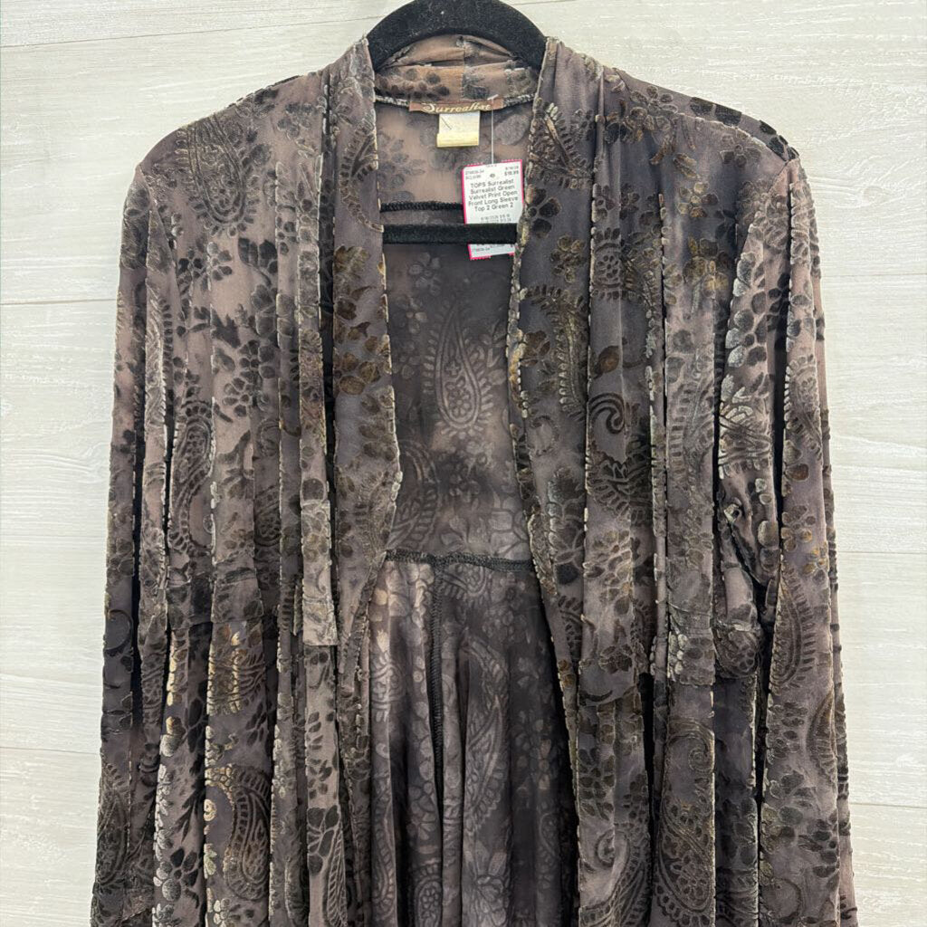Surrealist Green Velvet Print Open Front Long Sleeve Top 2