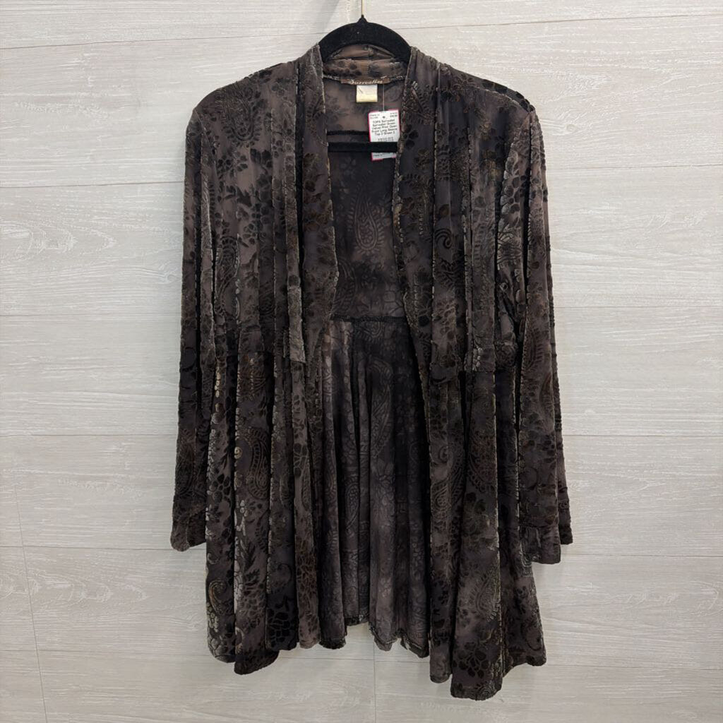 Surrealist Green Velvet Print Open Front Long Sleeve Top 2