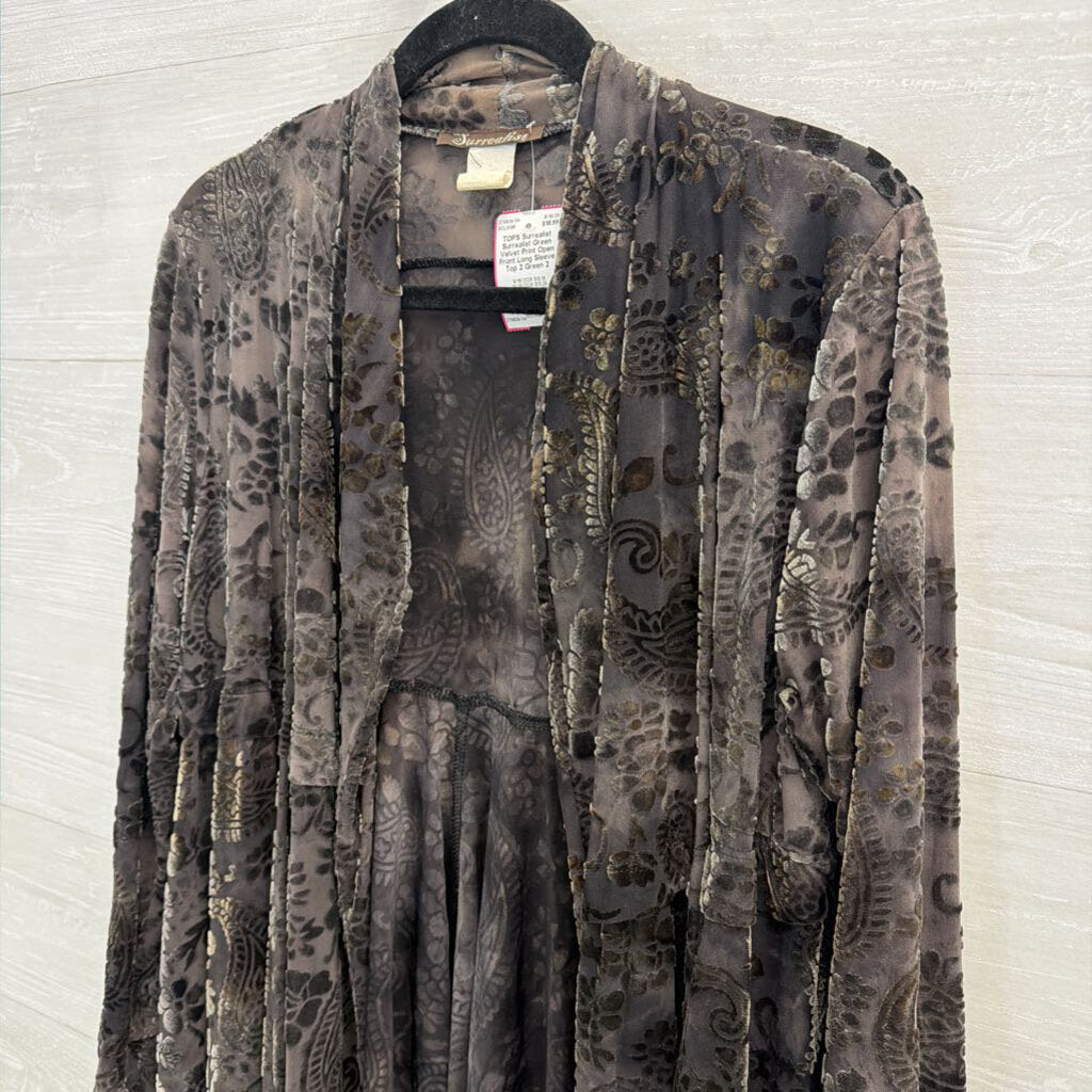 Surrealist Green Velvet Print Open Front Long Sleeve Top 2