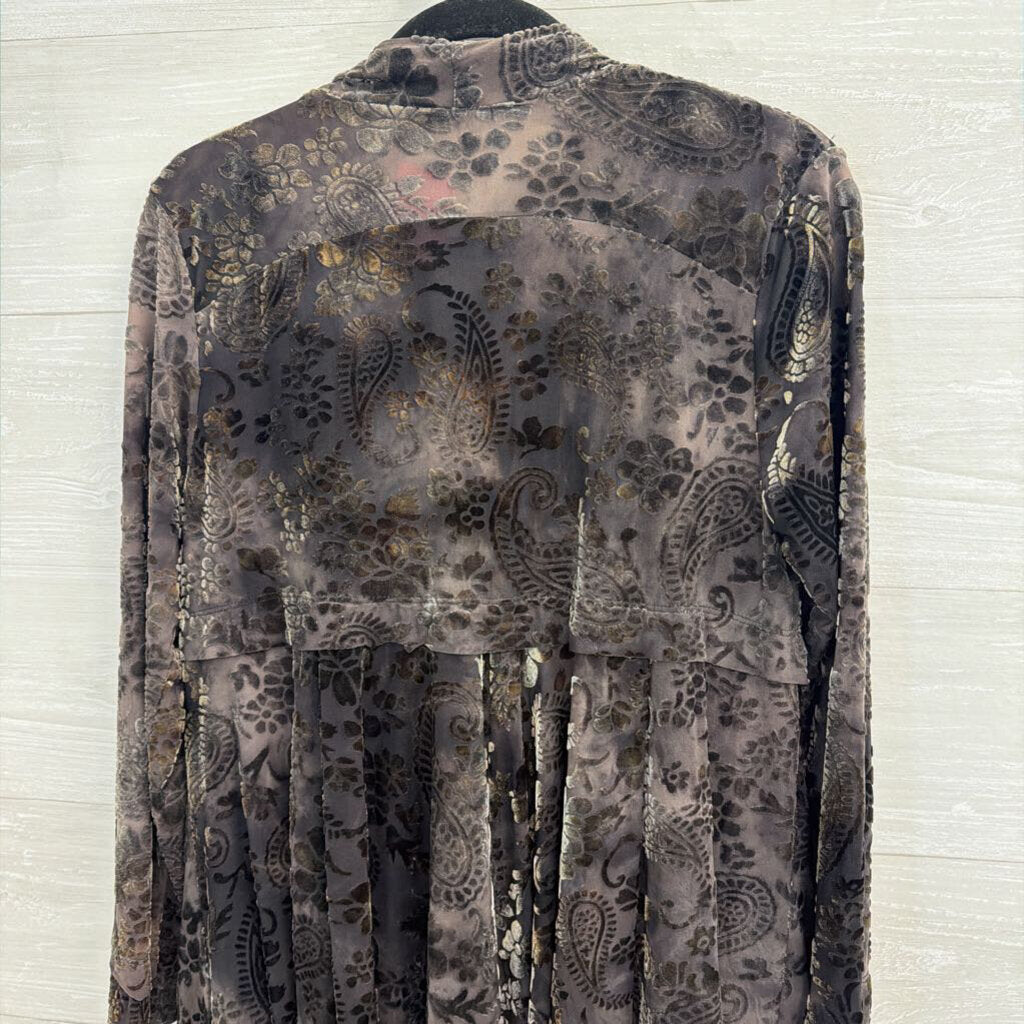 Surrealist Green Velvet Print Open Front Long Sleeve Top 2