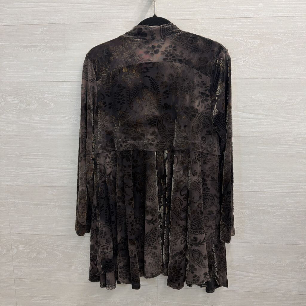 Surrealist Green Velvet Print Open Front Long Sleeve Top 2