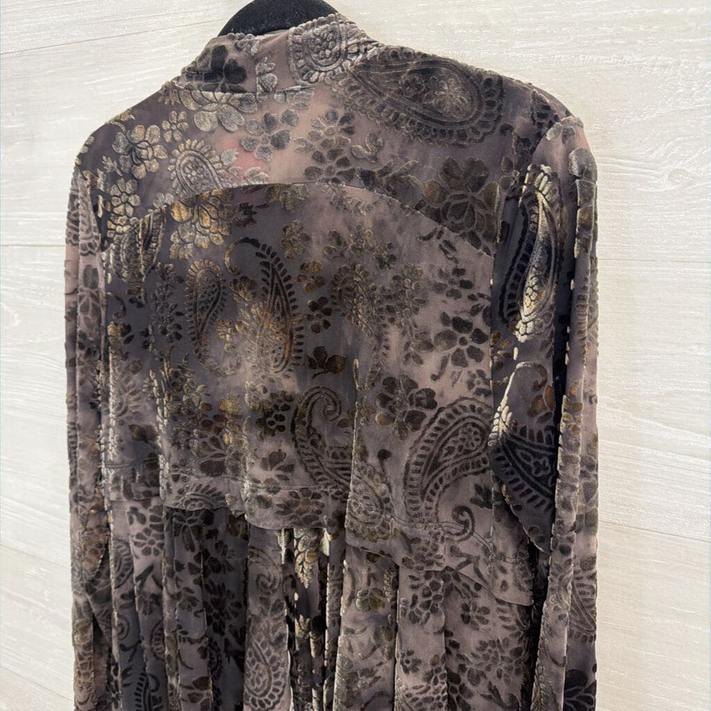 Surrealist Green Velvet Print Open Front Long Sleeve Top 2