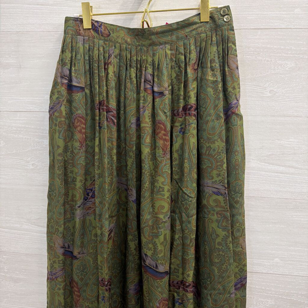 Vintage Herman Geist Green/ Multi Print Midi Skirt 8