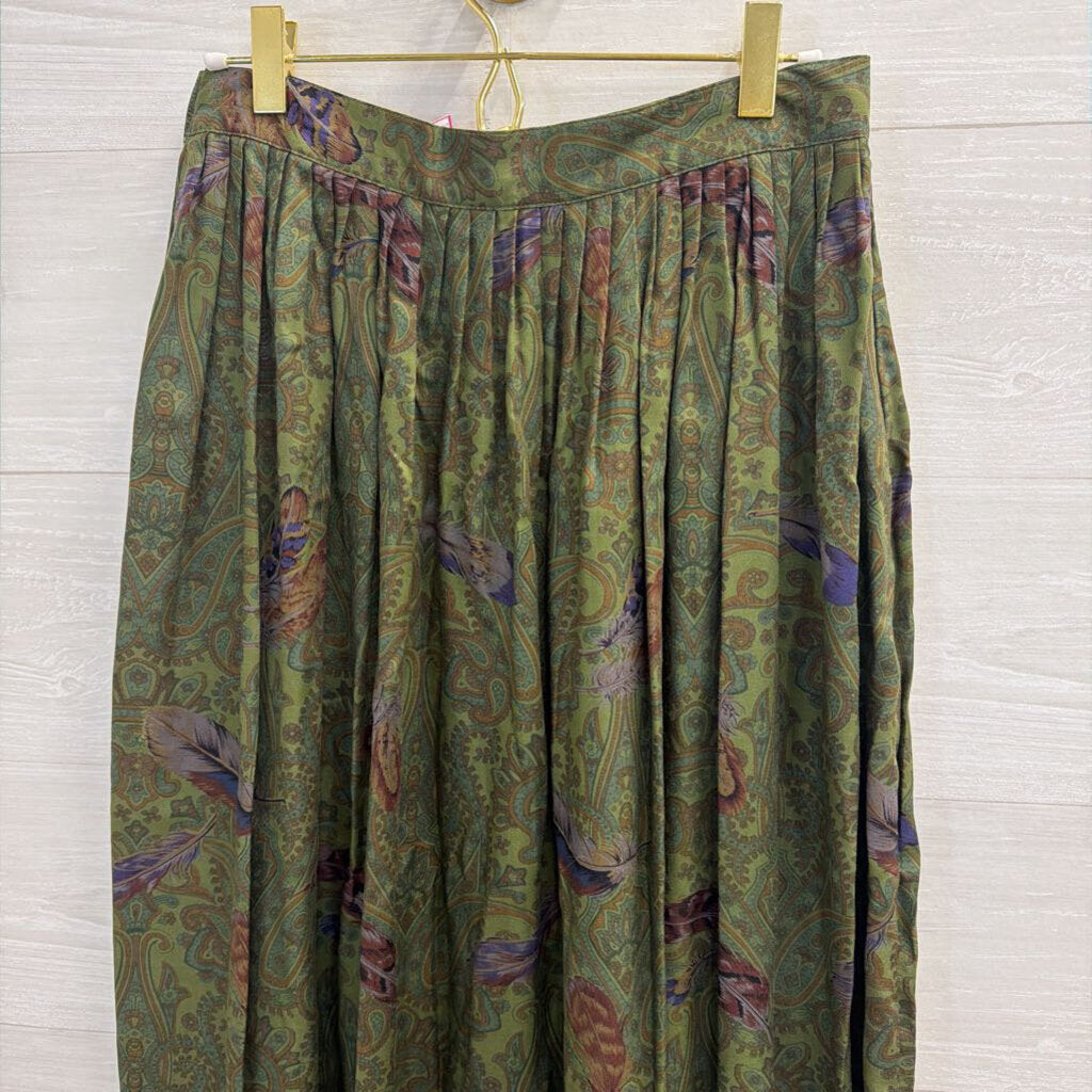 Vintage Herman Geist Green/ Multi Print Midi Skirt 8