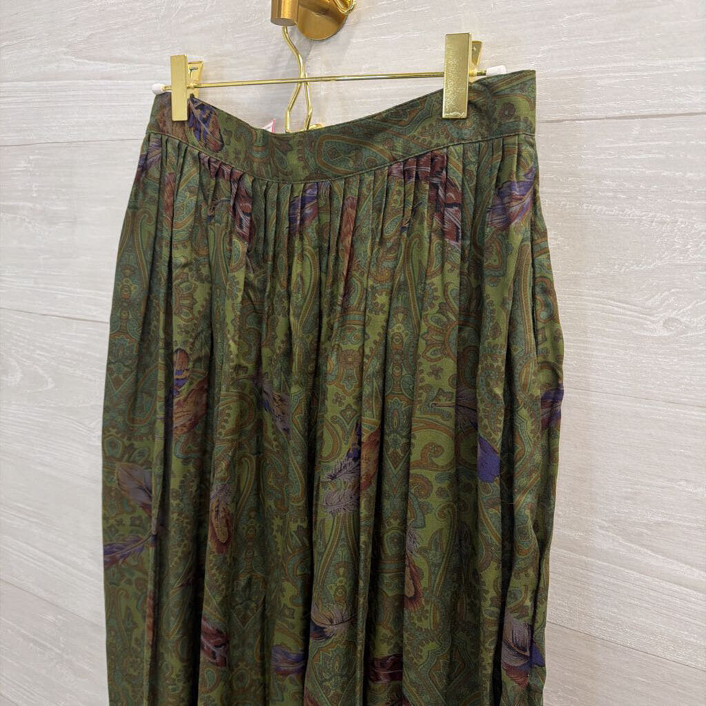 Vintage Herman Geist Green/ Multi Print Midi Skirt 8