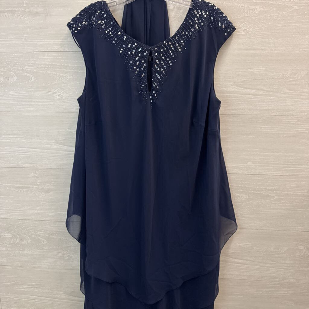 Alex Evenings Navy Beaded Neckline Midi Formal Dress 16W
