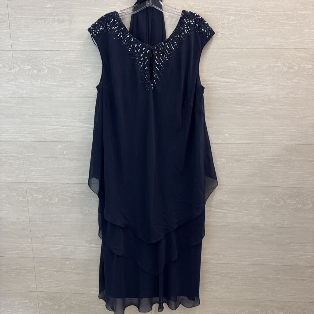 Alex Evenings Navy Beaded Neckline Midi Formal Dress 16W