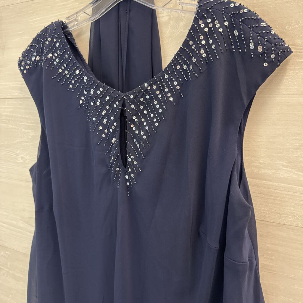 Alex Evenings Navy Beaded Neckline Midi Formal Dress 16W