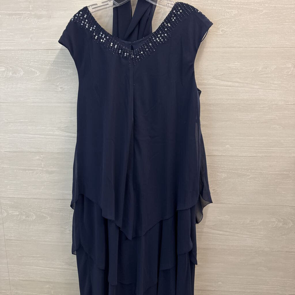 Alex Evenings Navy Beaded Neckline Midi Formal Dress 16W