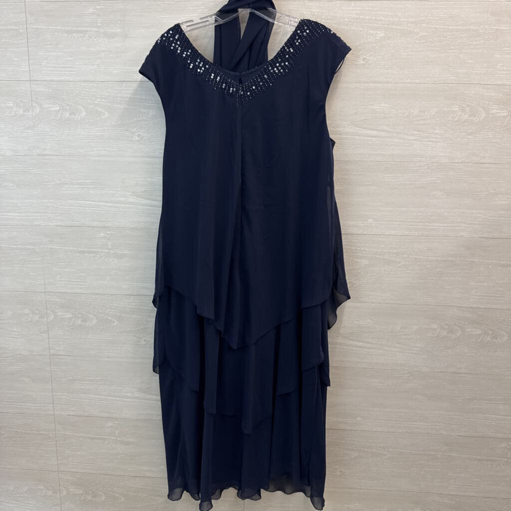 Alex Evenings Navy Beaded Neckline Midi Formal Dress 16W