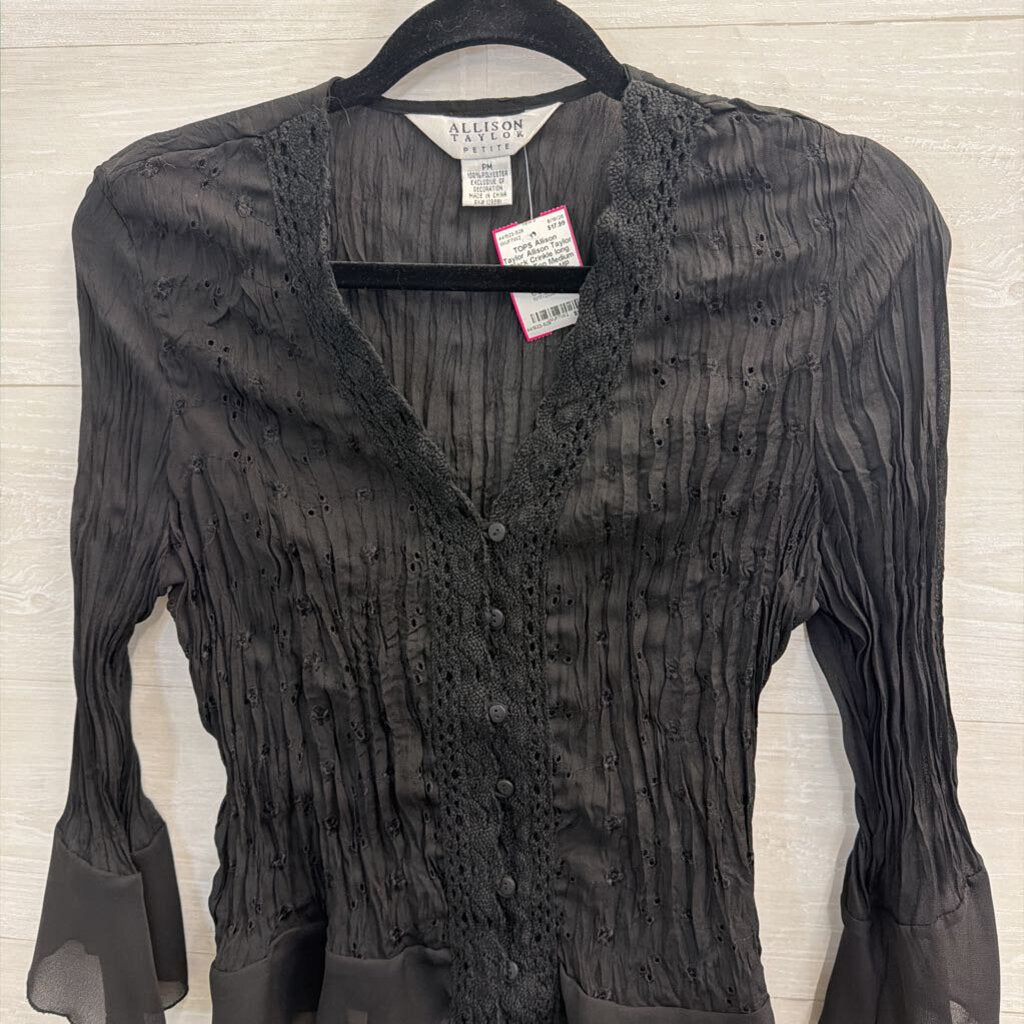 Allison Taylor Black Crinkle long Sleeve Top Medium Petite
