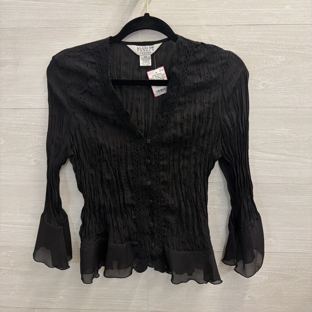 Allison Taylor Black Crinkle long Sleeve Top Medium Petite