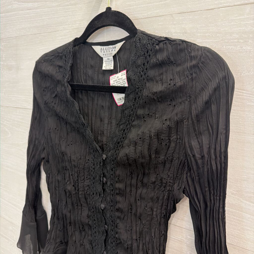 Allison Taylor Black Crinkle long Sleeve Top Medium Petite