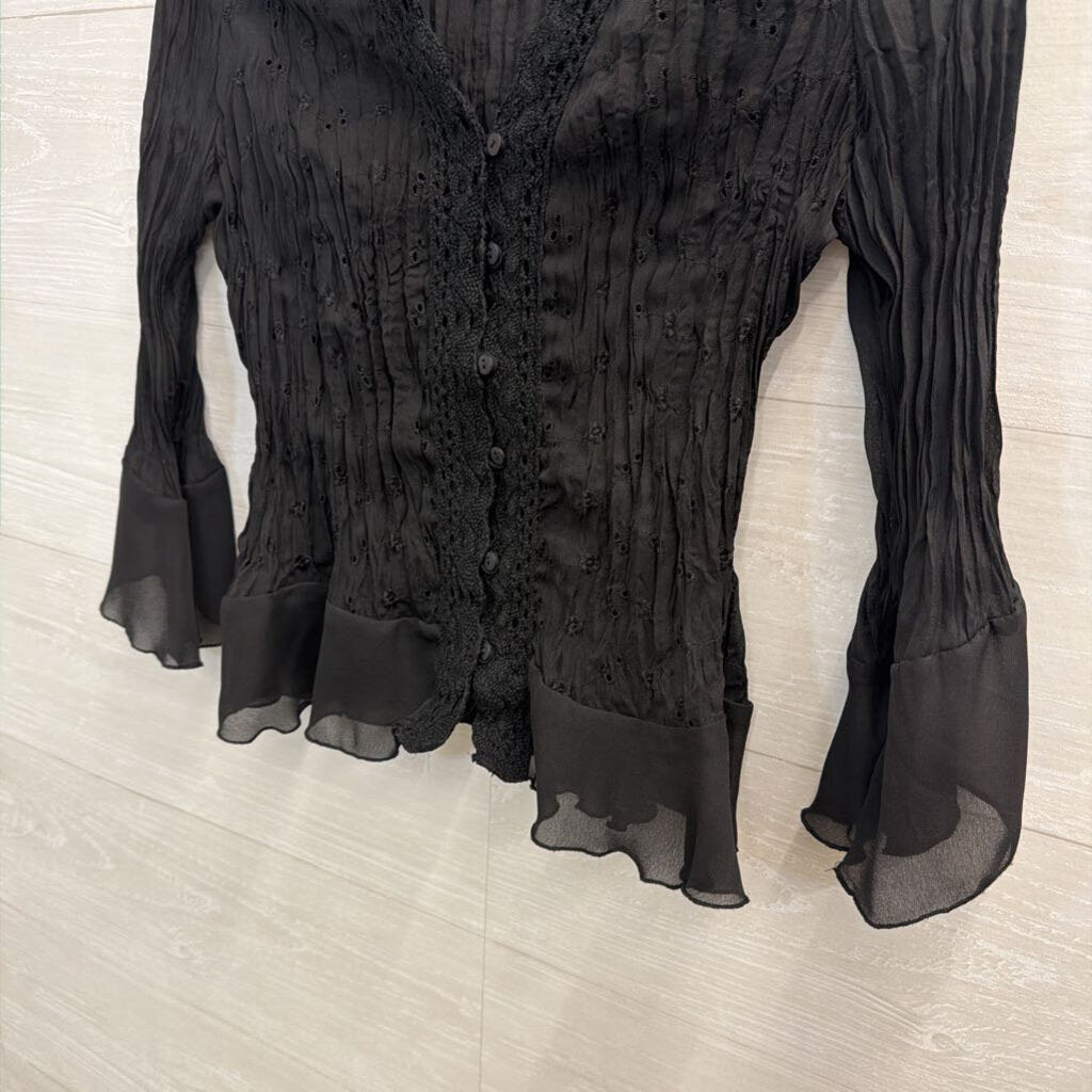 Allison Taylor Black Crinkle long Sleeve Top Medium Petite