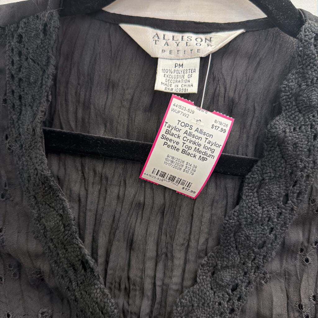 Allison Taylor Black Crinkle long Sleeve Top Medium Petite