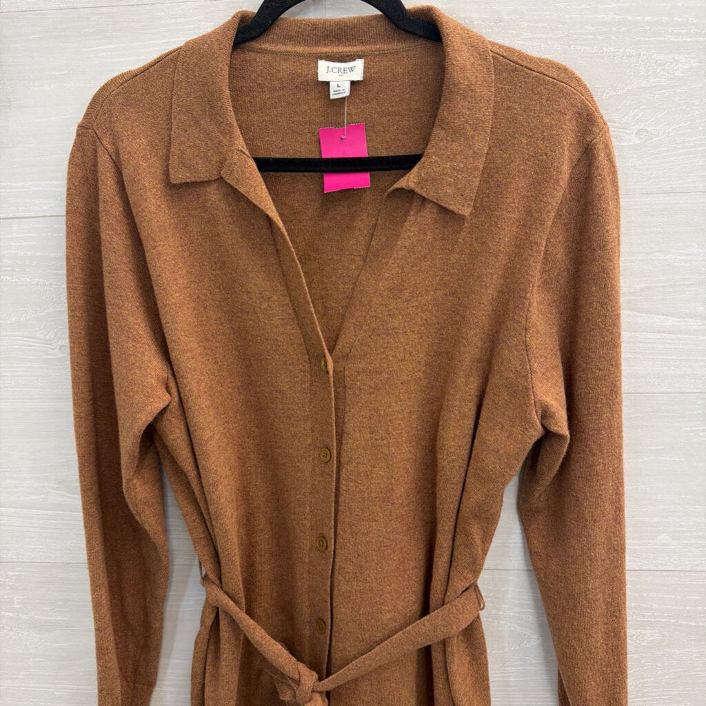 J Crew Brown Knit Long Sleeve Button Front Tie Waist Top Large
