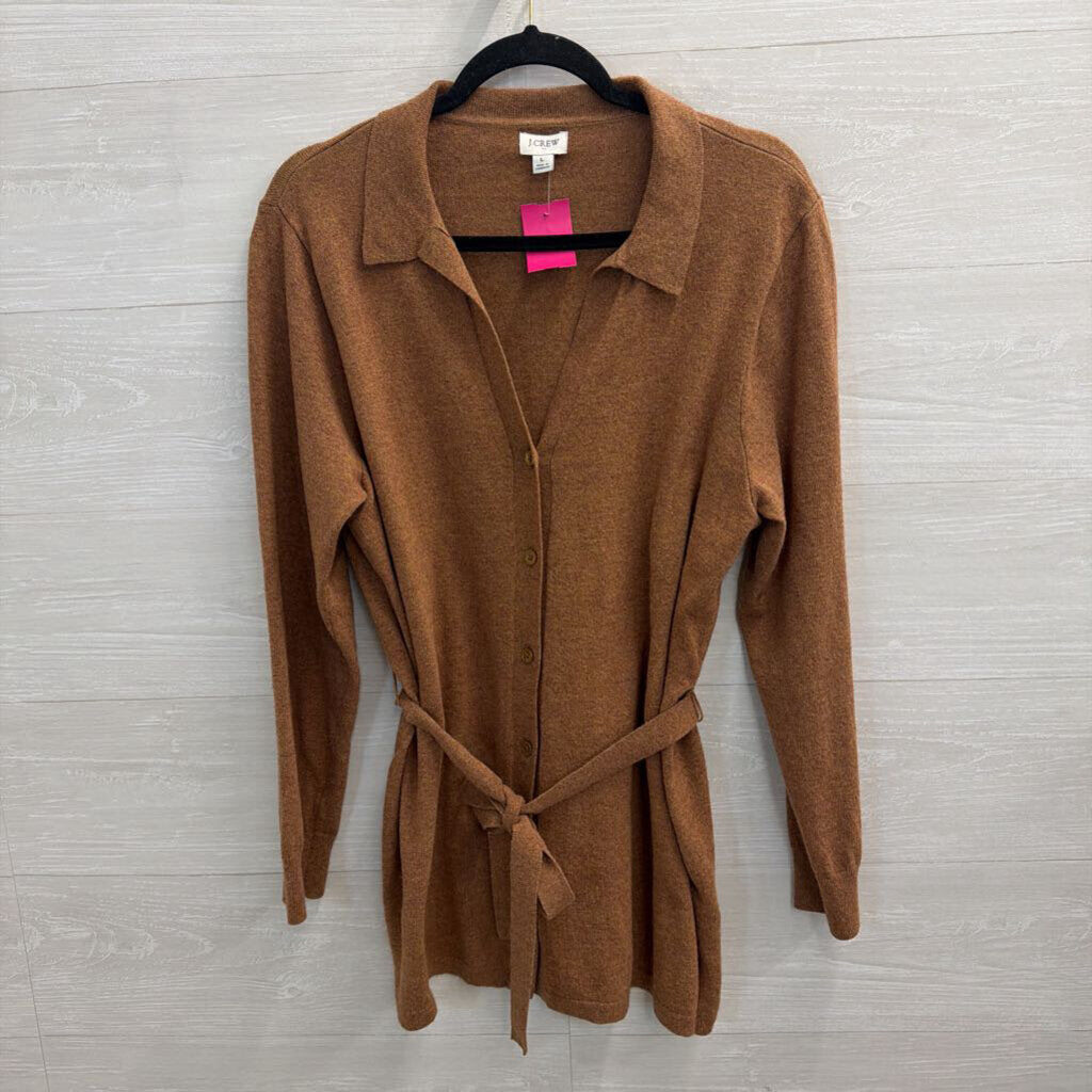 J Crew Brown Knit Long Sleeve Button Front Tie Waist Top Large