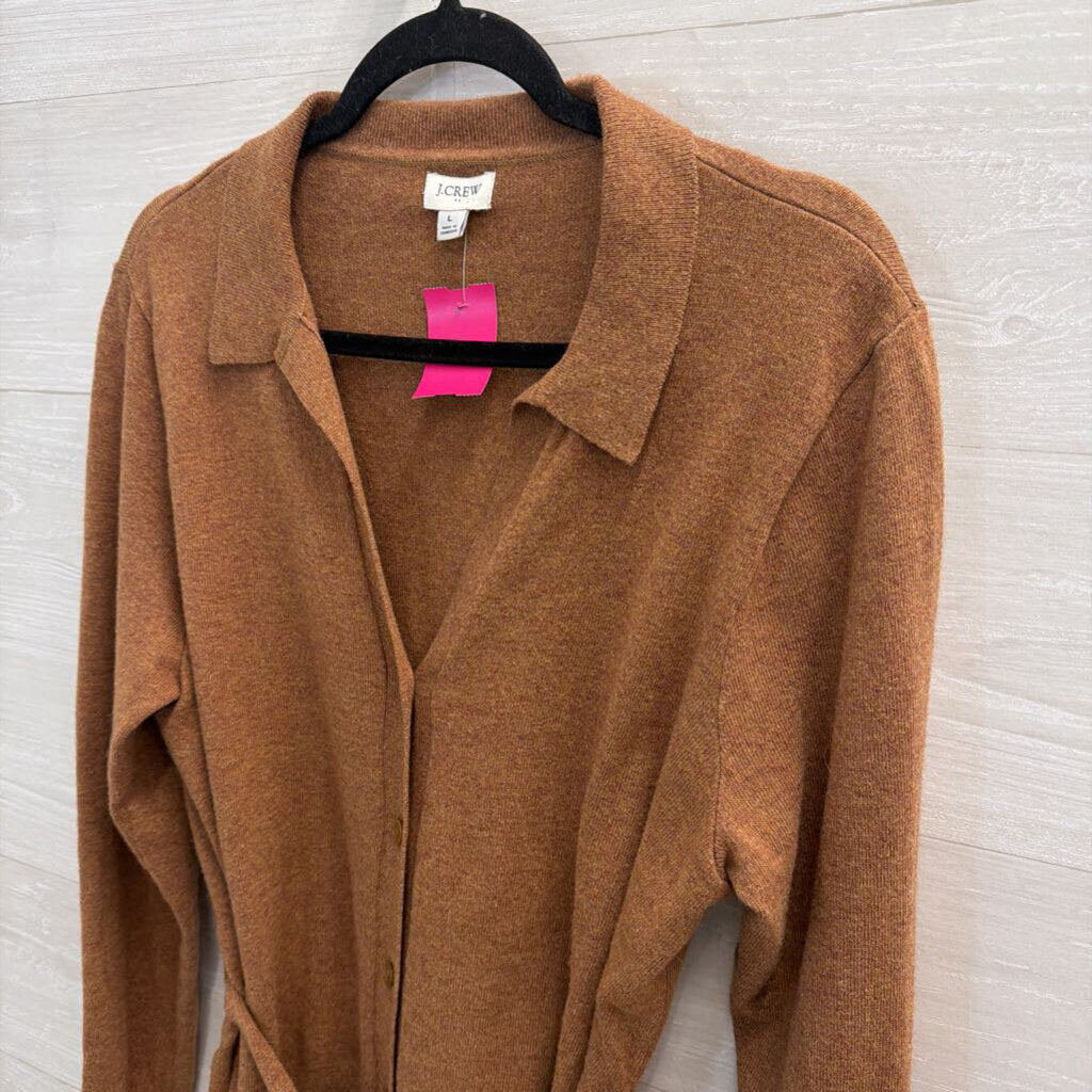 J Crew Brown Knit Long Sleeve Button Front Tie Waist Top Large