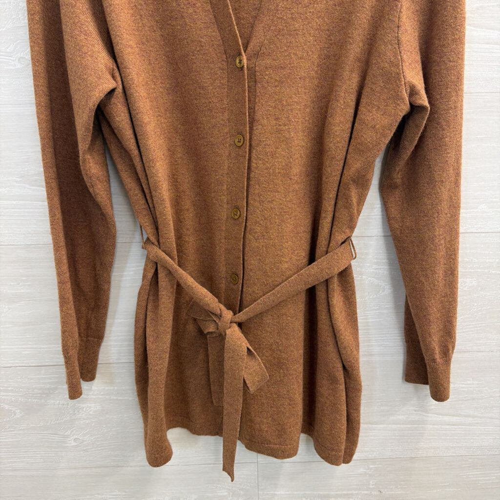 J Crew Brown Knit Long Sleeve Button Front Tie Waist Top Large