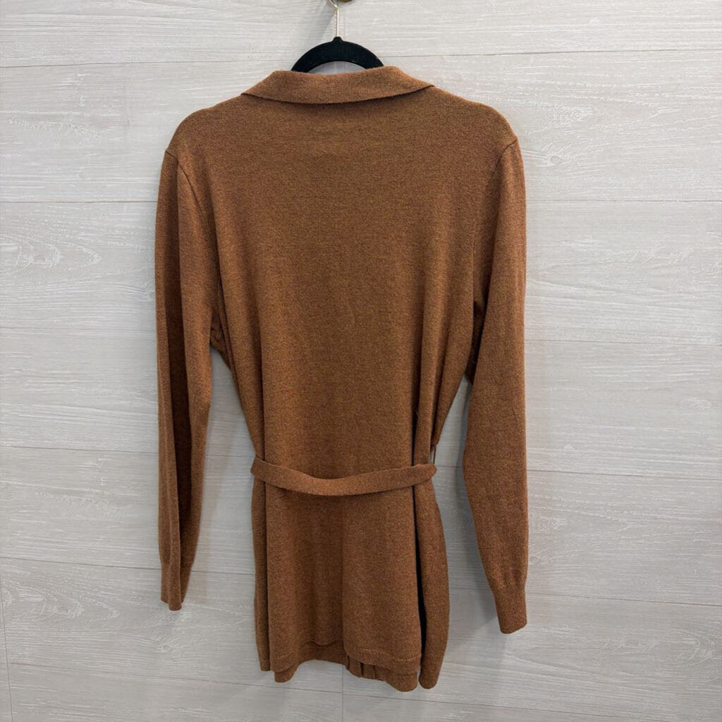 J Crew Brown Knit Long Sleeve Button Front Tie Waist Top Large