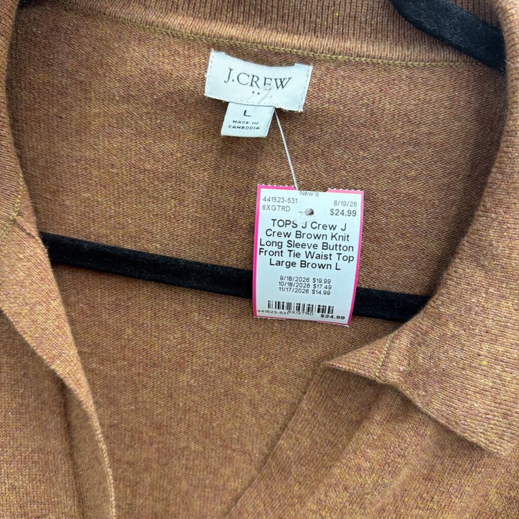 J Crew Brown Knit Long Sleeve Button Front Tie Waist Top Large