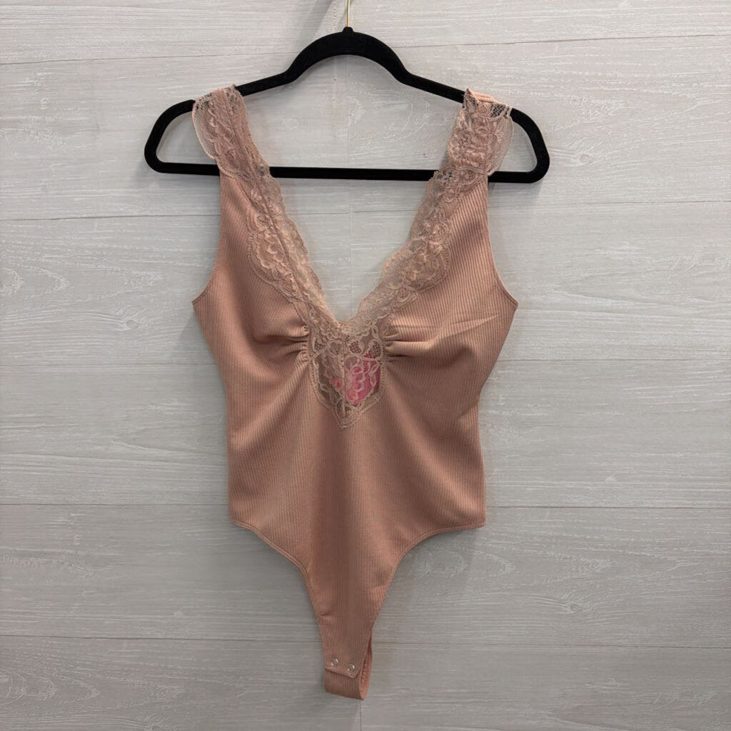 Intimately Free People Pink Lace Trim Sleeveless Bodysuit Small