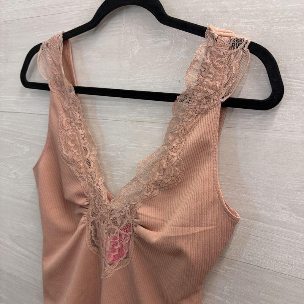 Intimately Free People Pink Lace Trim Sleeveless Bodysuit Small