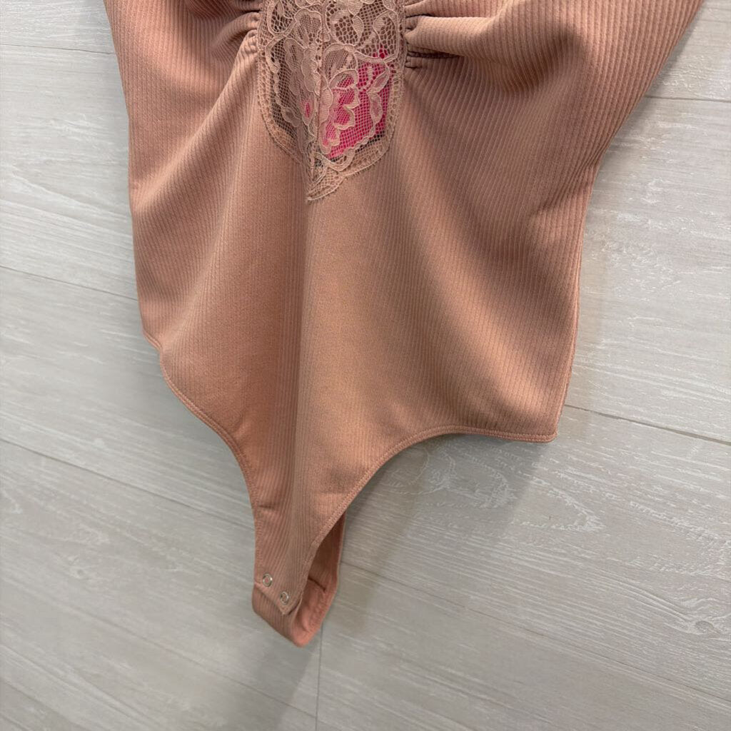 Intimately Free People Pink Lace Trim Sleeveless Bodysuit Small