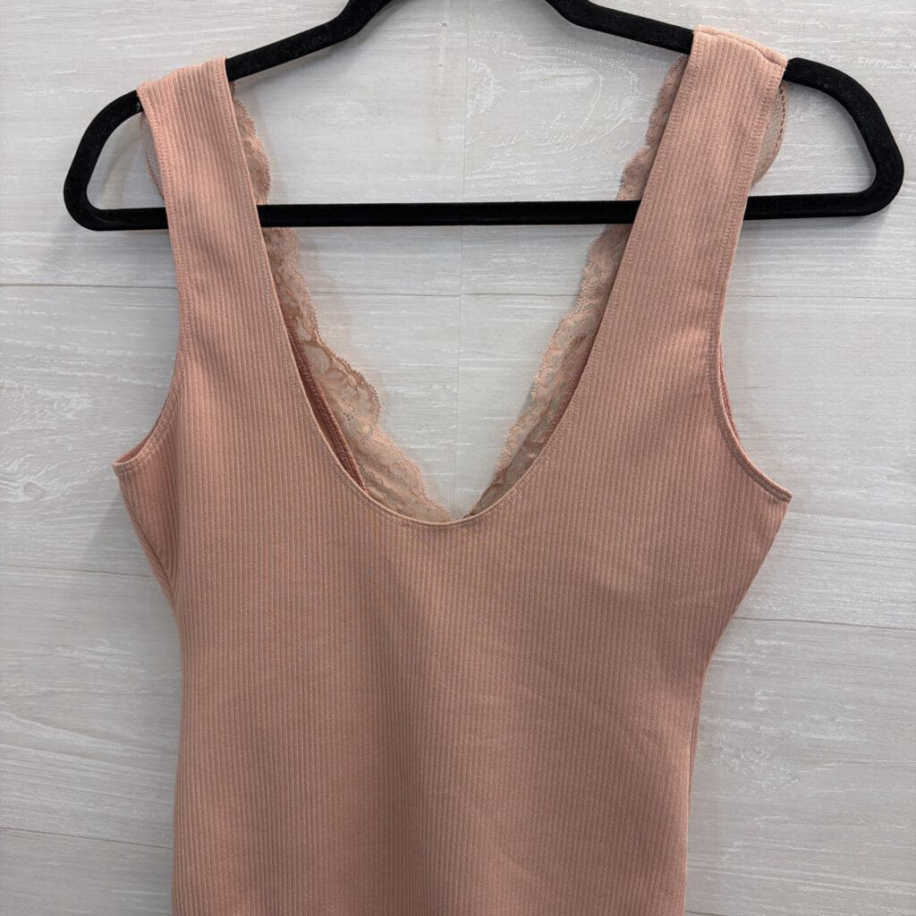 Intimately Free People Pink Lace Trim Sleeveless Bodysuit Small