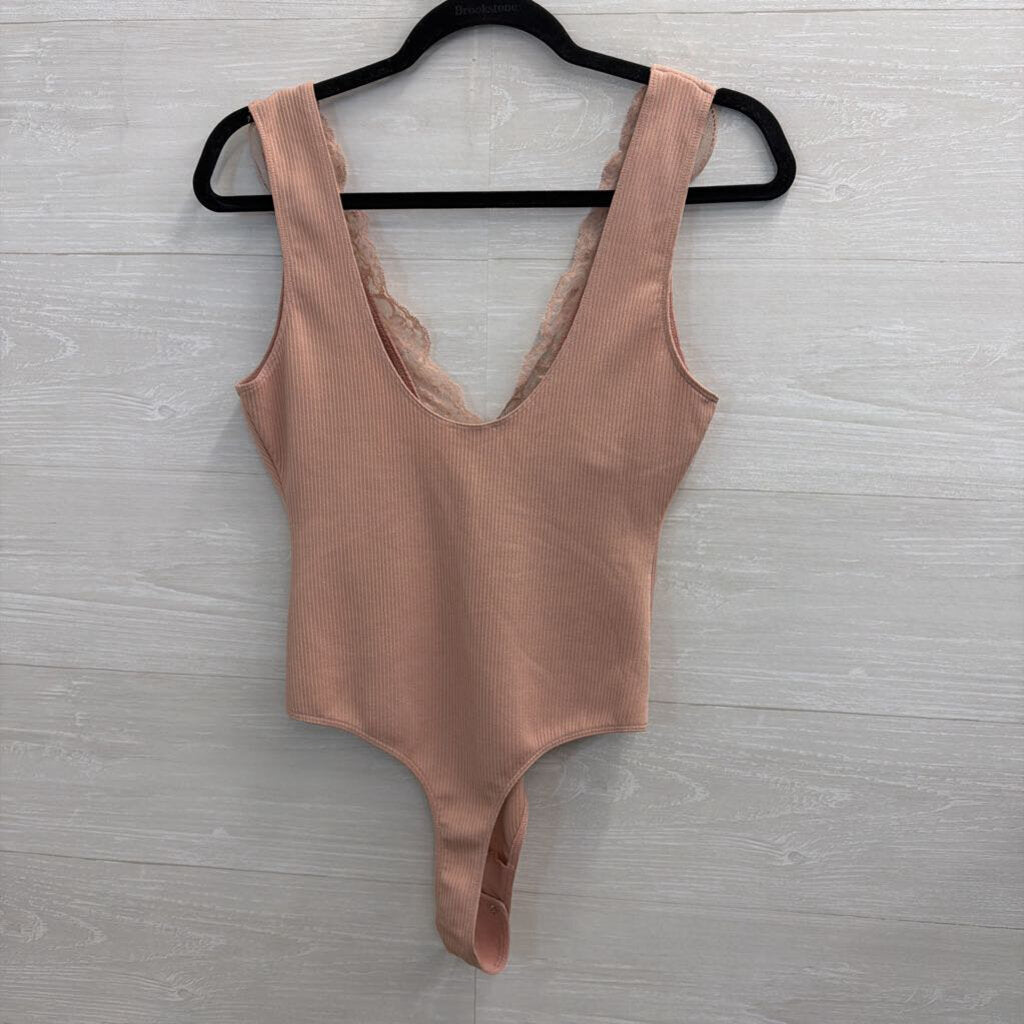 Intimately Free People Pink Lace Trim Sleeveless Bodysuit Small