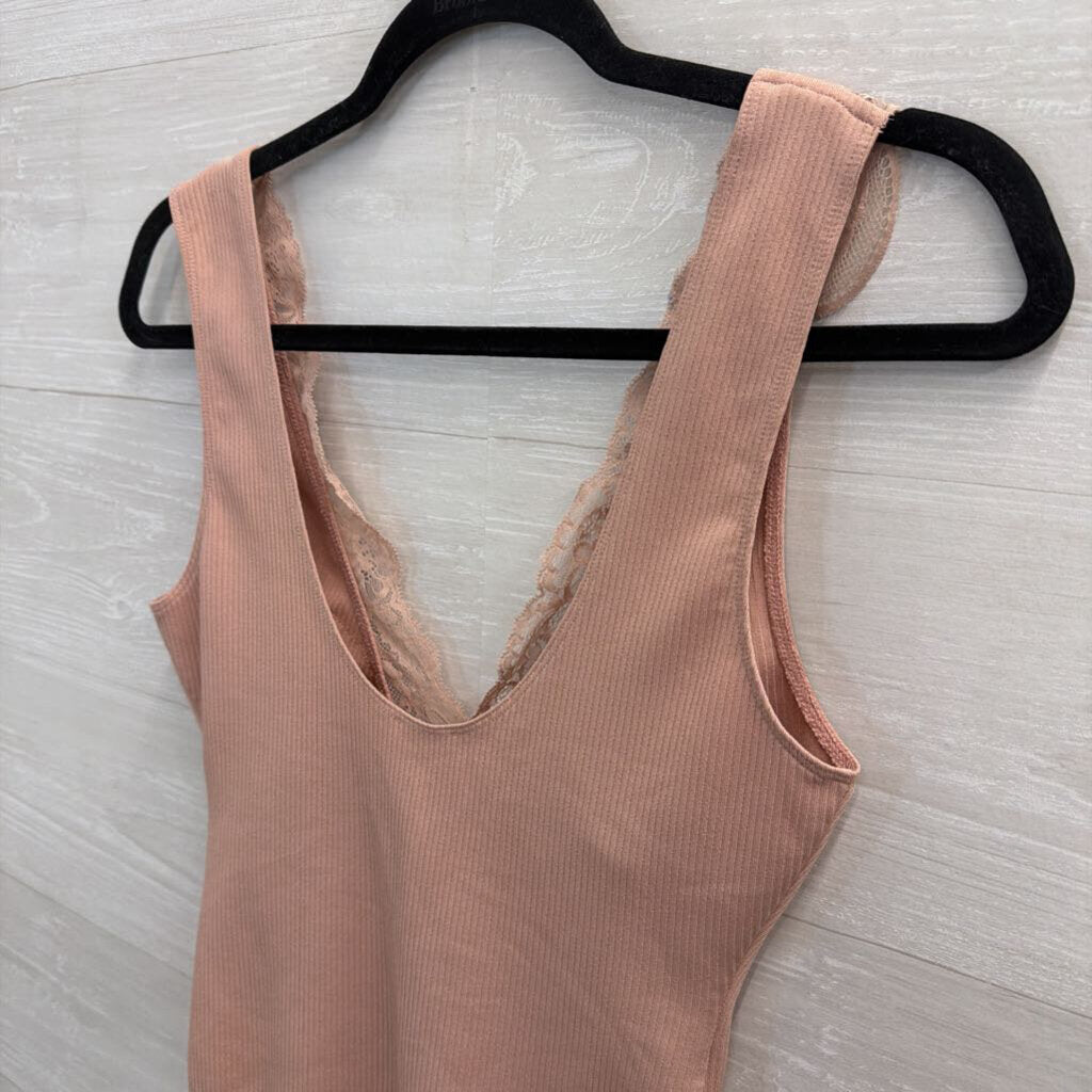Intimately Free People Pink Lace Trim Sleeveless Bodysuit Small