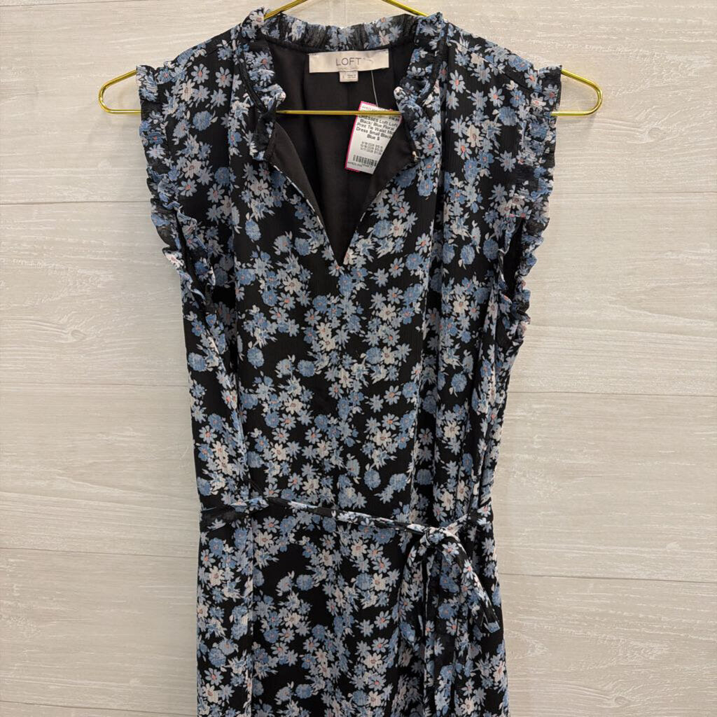 Loft Black/ Blue Floral Print Tie Waist Midi Dress Small