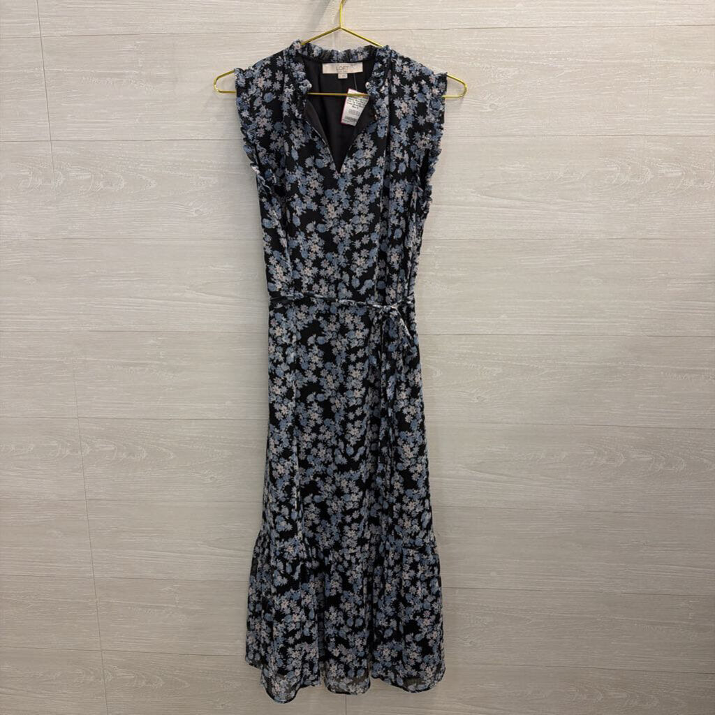 Loft Black/ Blue Floral Print Tie Waist Midi Dress Small