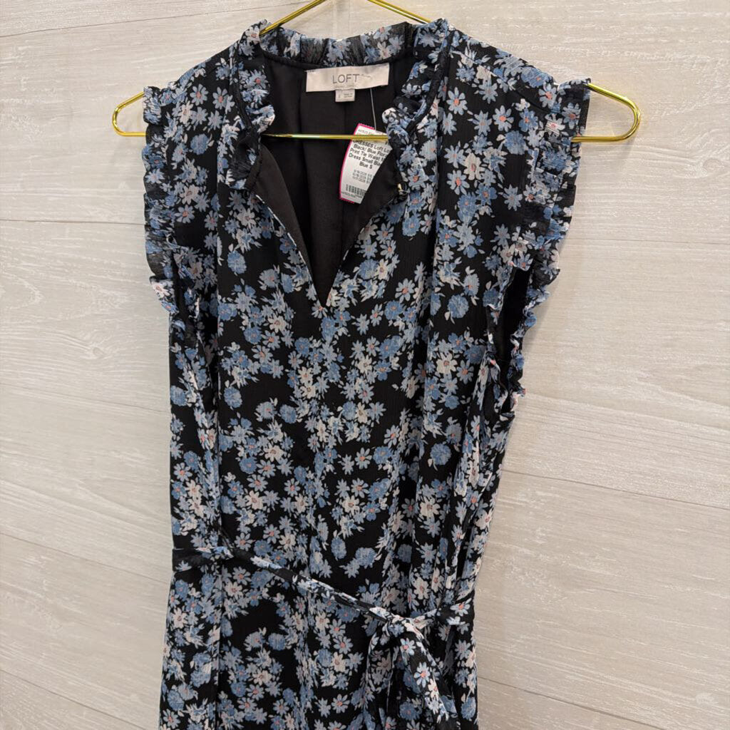 Loft Black/ Blue Floral Print Tie Waist Midi Dress Small