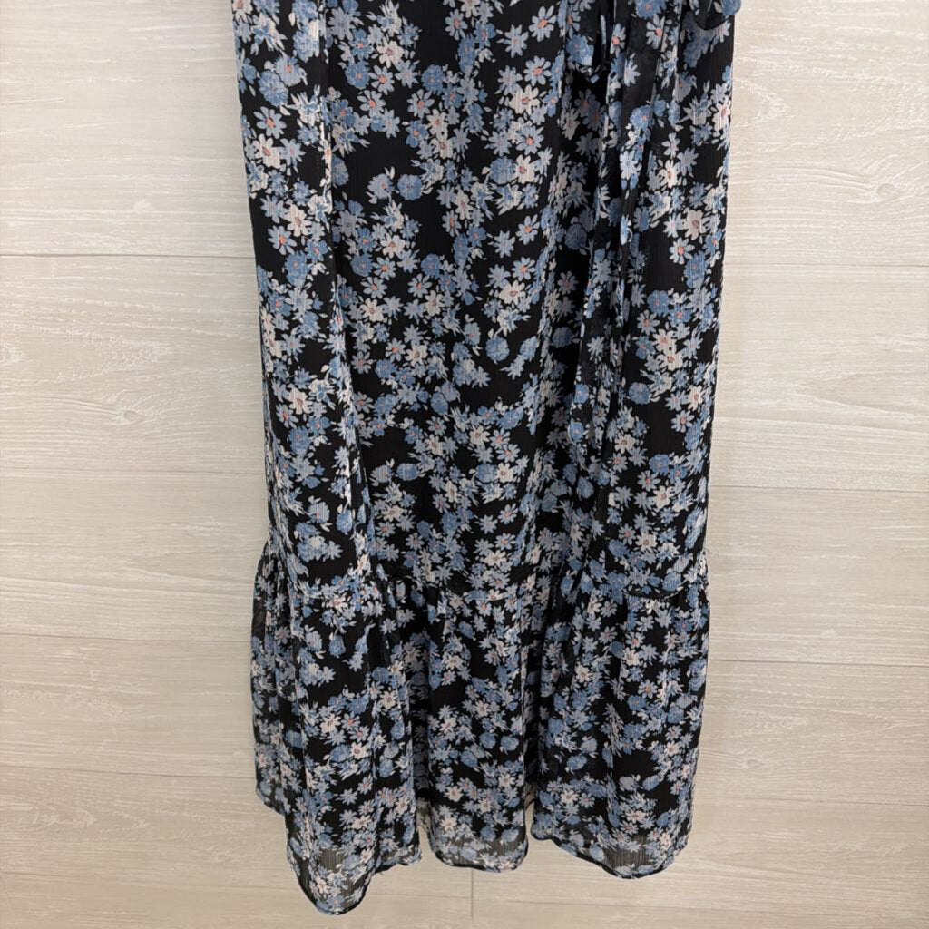Loft Black/ Blue Floral Print Tie Waist Midi Dress Small