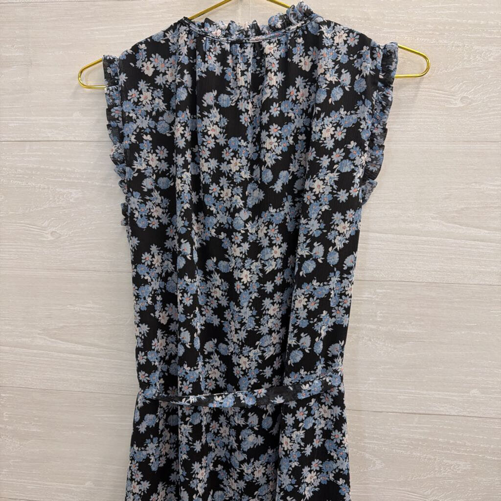 Loft Black/ Blue Floral Print Tie Waist Midi Dress Small